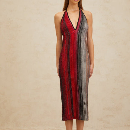 Colomba Red Sequined Stripe Midi Dress