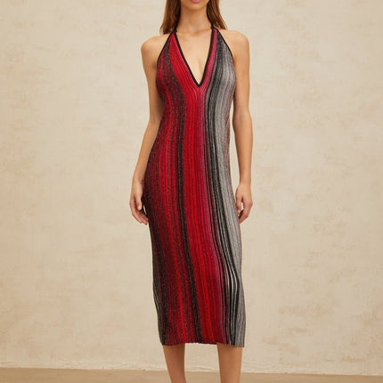 Colomba Red Sequined Stripe Midi Dress