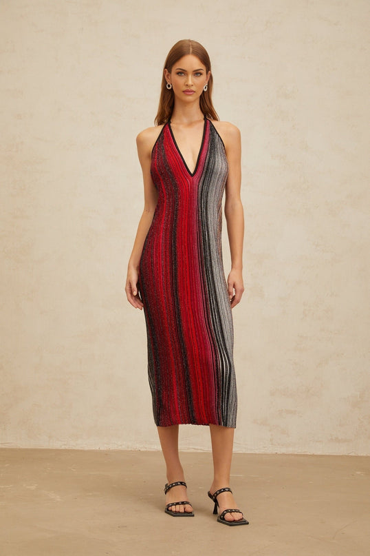 Colomba Red Sequined Stripe Midi Dress