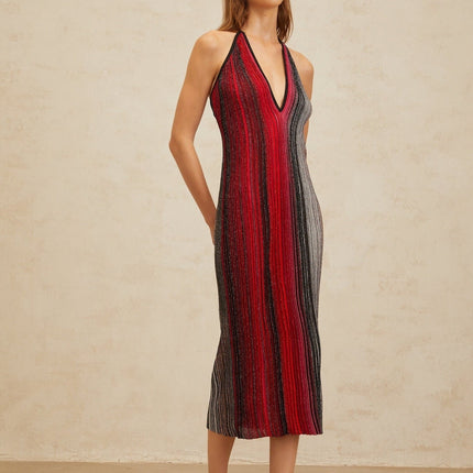 Colomba Red Sequined Stripe Midi Dress