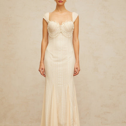 Colomba White Knitted Maxi Dress with Faux-Pearl Embellishment and Brooch Detail