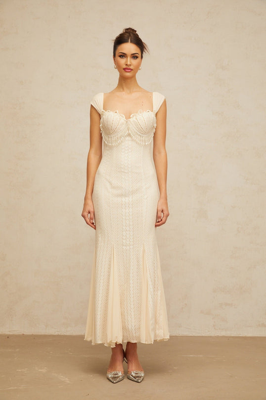 Colomba White Knitted Maxi Dress with Faux-Pearl Embellishment and Brooch Detail