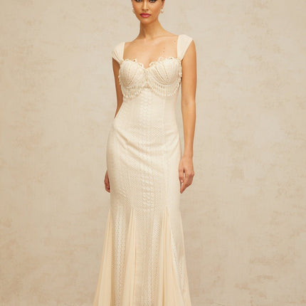 Colomba White Maxi Dress with Faux Pearl Embellishment and Brooch Detail