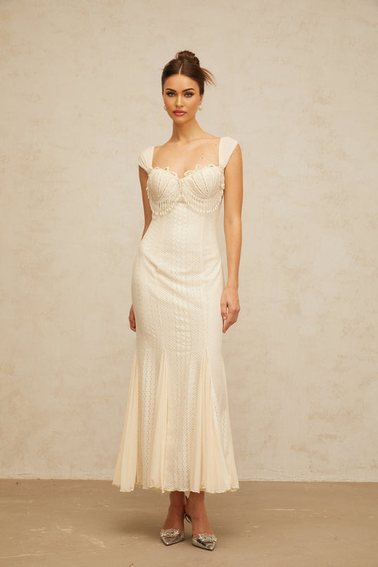 Colomba White Maxi Dress with Faux Pearl Embellishment and Brooch Detail