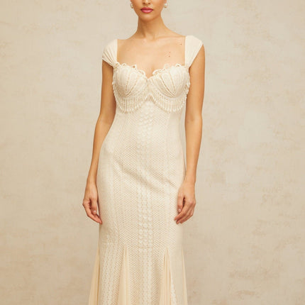 Colomba White Maxi Dress with Faux-Pearl Embellishment and Brooch Detail