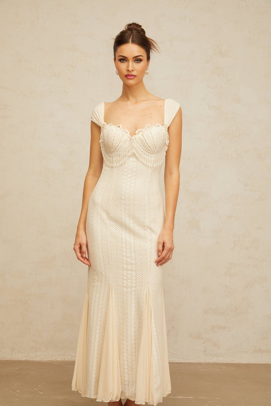Colomba White Maxi Dress with Faux-Pearl Embellishment and Brooch Detail