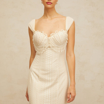 Colomba White Maxi Dress with Faux-Pearl Embellishment and Brooch Detail