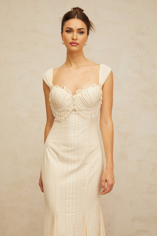 Colomba White Maxi Dress with Faux-Pearl Embellishment and Brooch Detail