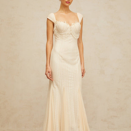 Colomba White Maxi Dress with Faux-Pearl Embellishment and Brooch Detail