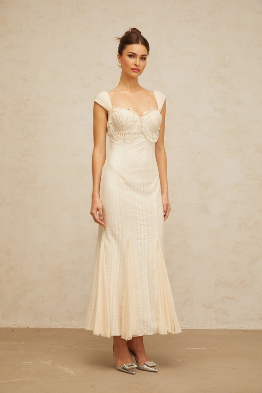 Colomba White Maxi Dress with Faux-Pearl Embellishment and Brooch Detail