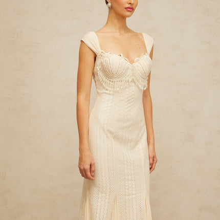 Colomba White Maxi Dress with Faux Pearl Embellishment and Brooch Detail