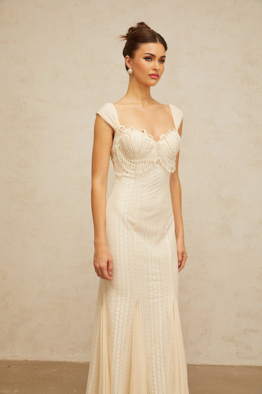 Colomba White Maxi Dress with Faux Pearl Embellishment and Brooch Detail