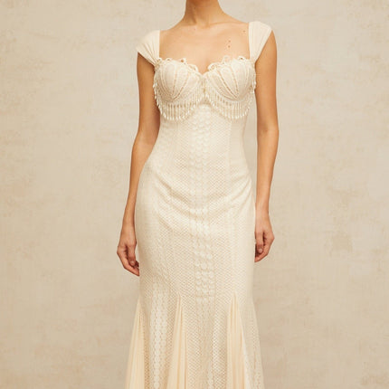 Colomba White Maxi Dress with Faux-Pearl Embellishment and Brooch Detail