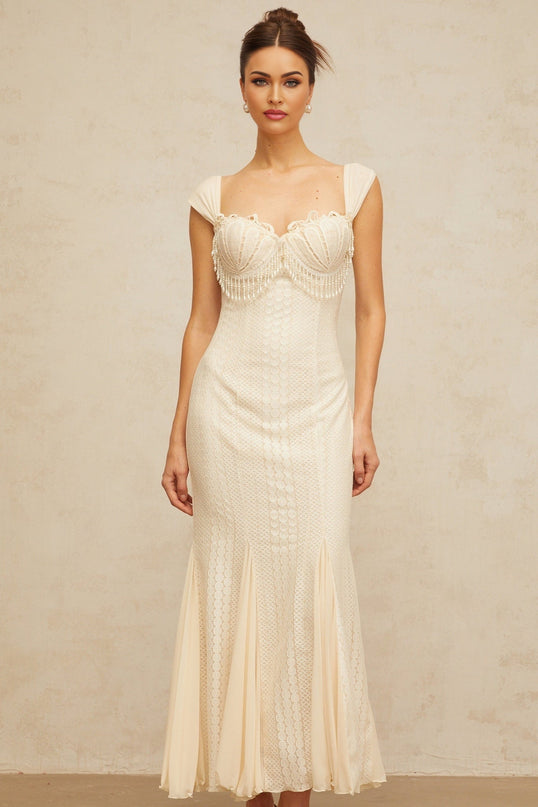 Colomba White Maxi Dress with Faux-Pearl Embellishment and Brooch Detail