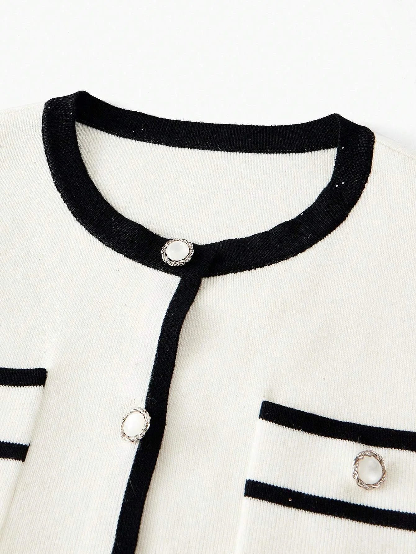 Colorblock Trim Front Button Long Sleeve Blouse amp Knit ALine Skirt Set