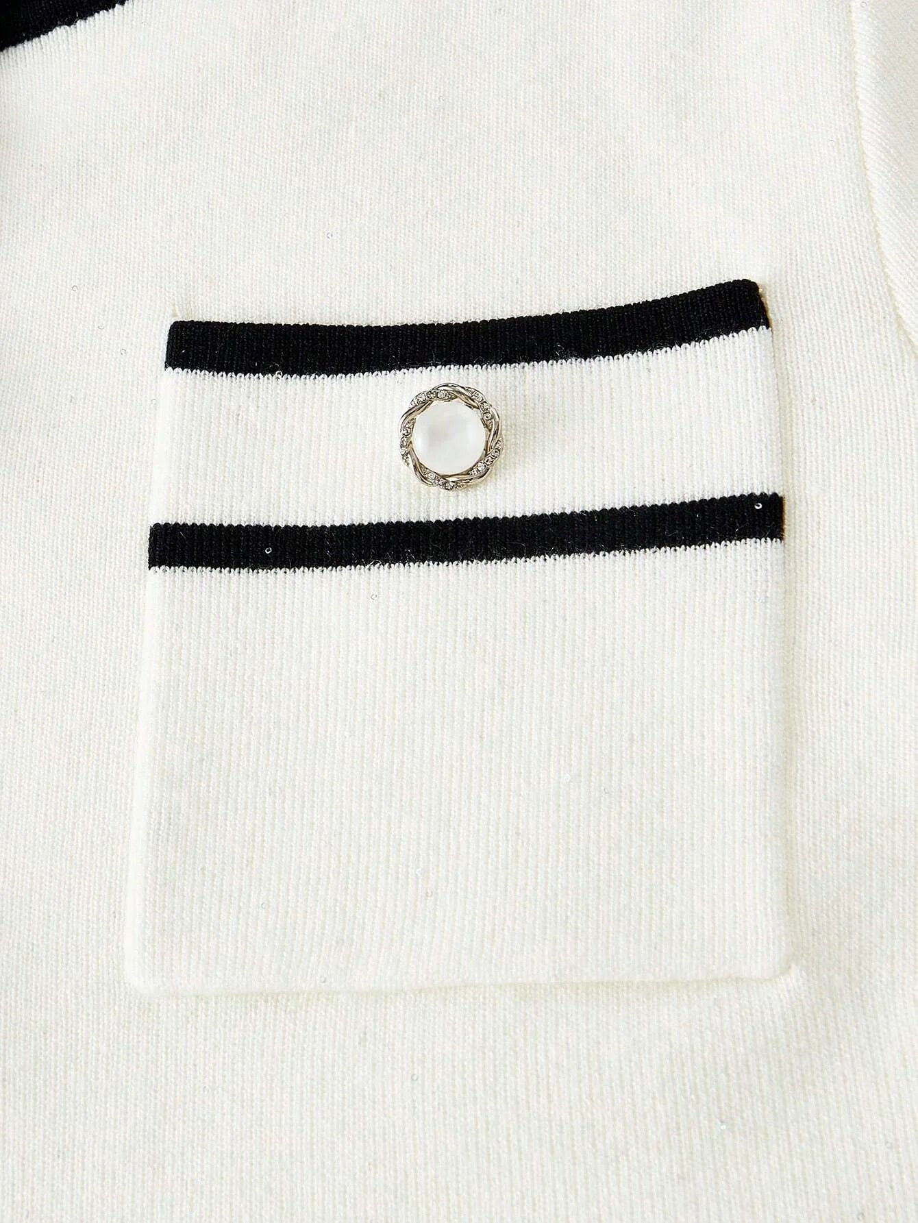 Colorblock Trim Front Button Long Sleeve Blouse amp Knit ALine Skirt Set