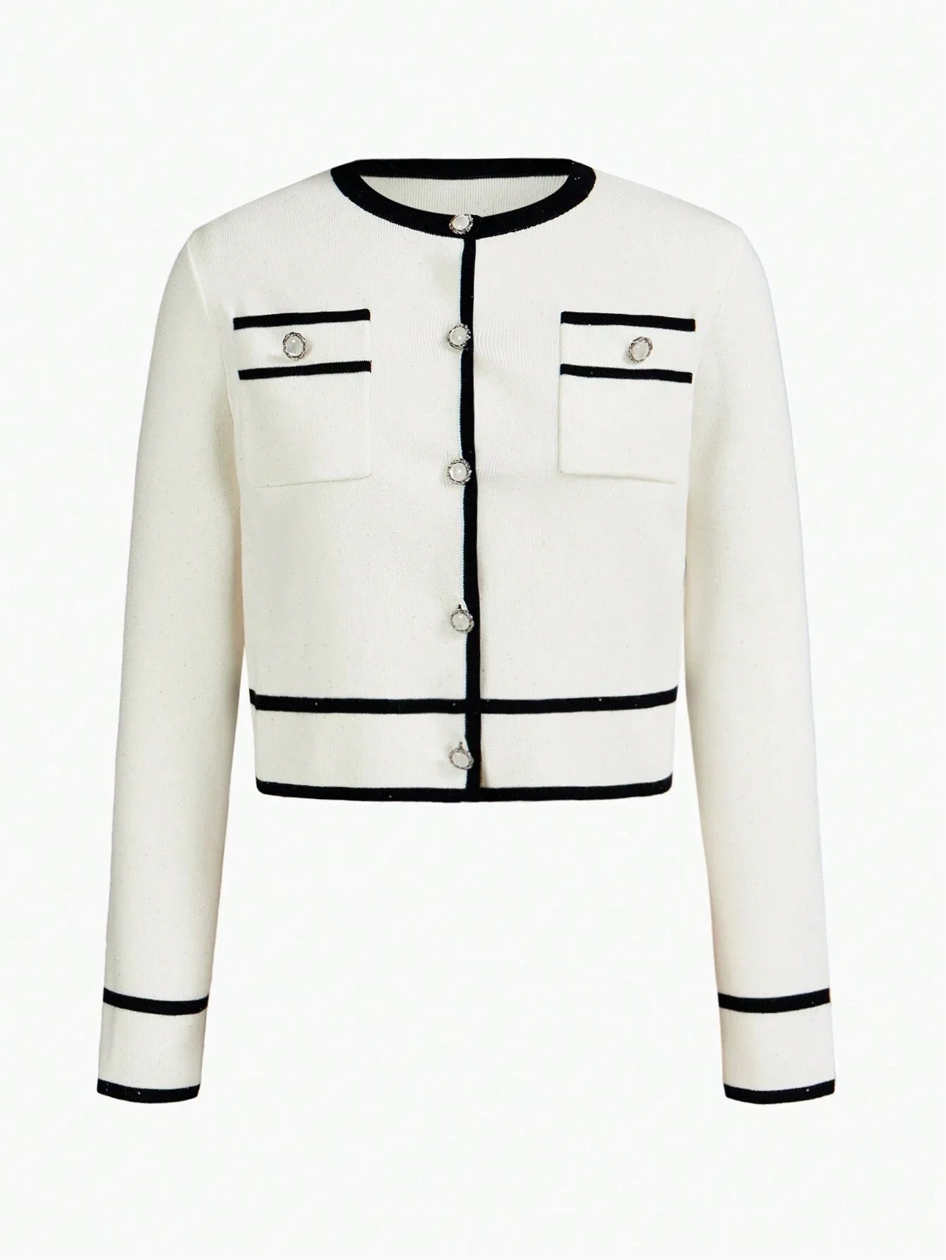 Colorblock Trim Front Button Long Sleeve Blouse amp Knit ALine Skirt Set