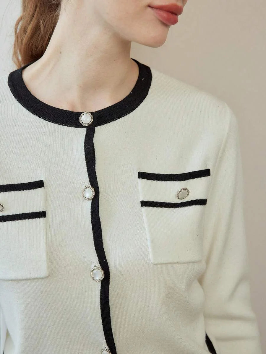 Colorblock Trim Front Button Long Sleeve Blouse amp Knit ALine Skirt Set