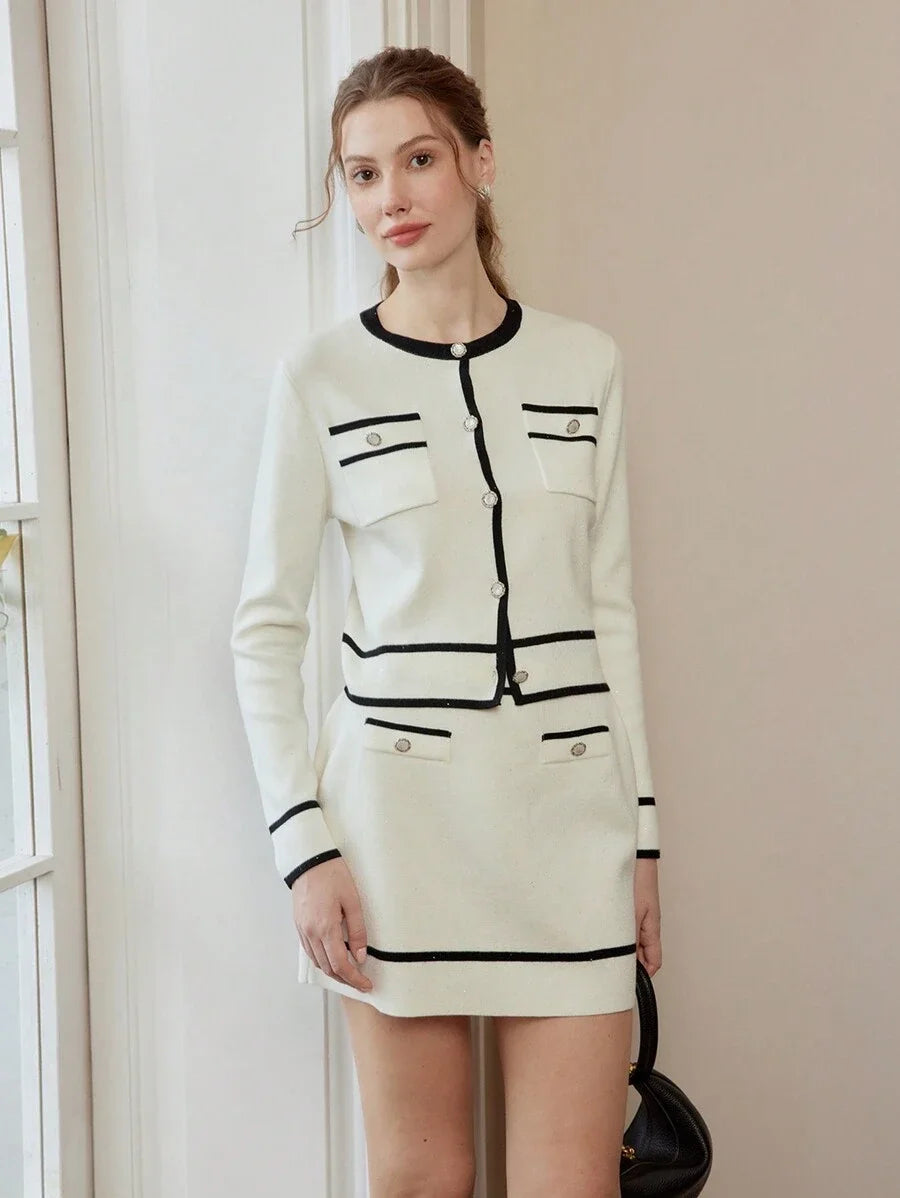 Colorblock Trim Front Button Long Sleeve Blouse amp Knit ALine Skirt Set