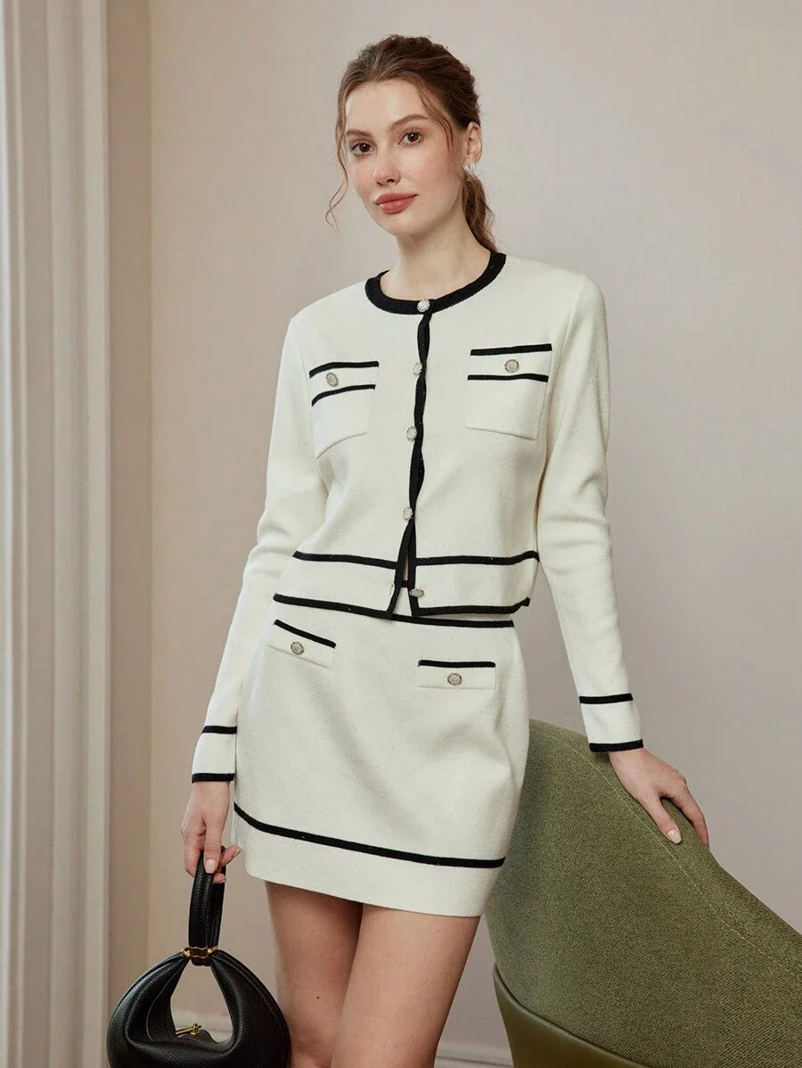 Colorblock Trim Front Button Long Sleeve Blouse amp Knit ALine Skirt Set