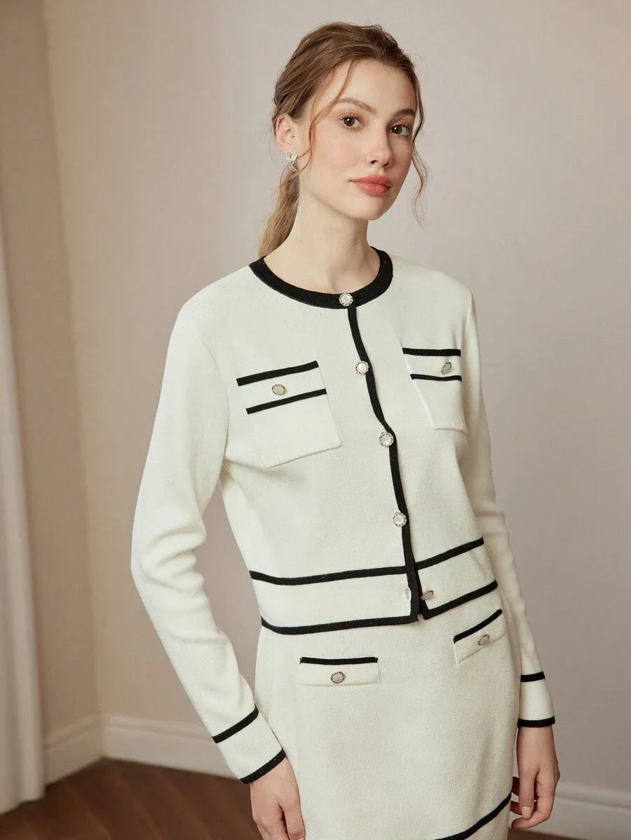 Colorblock Trim Front Button Long Sleeve Blouse amp Knit ALine Skirt Set