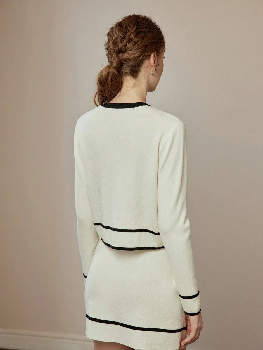 Colorblock Trim Front Button Long Sleeve Blouse amp Knit ALine Skirt Set