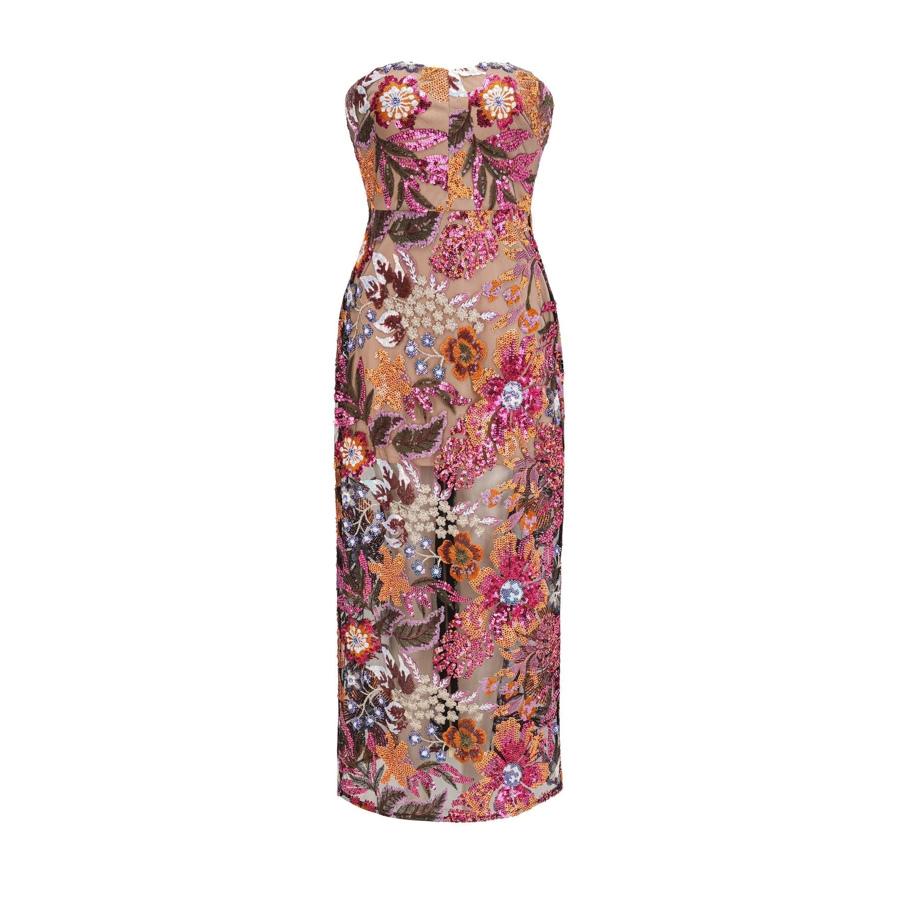 Colorful midi dress adorned with sequins and floral embroidery designed by Therese