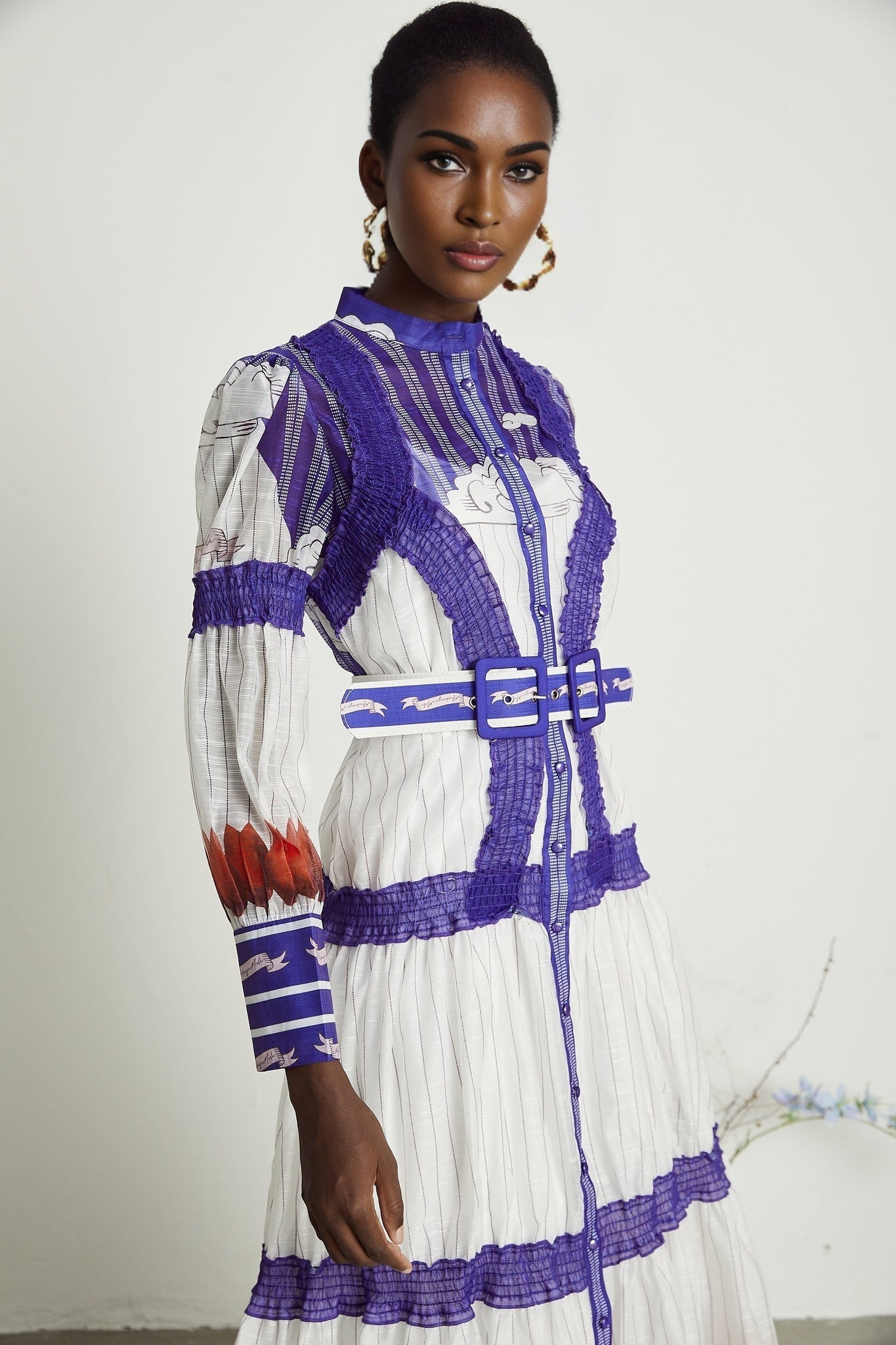 Colorful midlength dress with color block pattern print featuring Raphaelle design