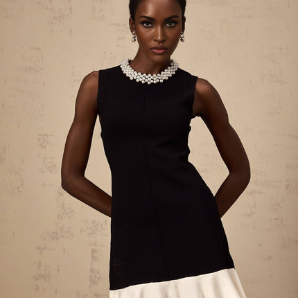 Concetta Black Knitted Mini Dress with Ruffled Detailing and Faux-Pearl Embellishment