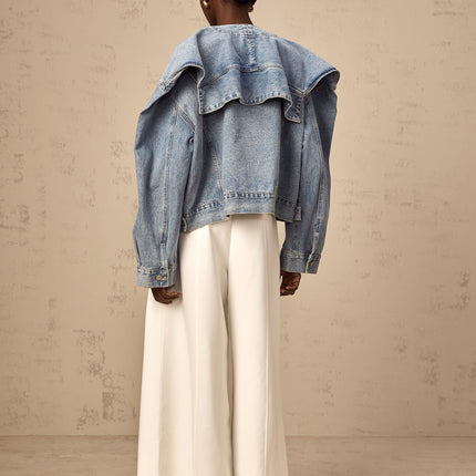 Concetta Blue Denim Cotton Jacket with Collarless Design and Buttoned Cuffs