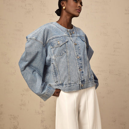 Concetta Blue Denim Cotton Jacket with Collarless Design and Buttoned Cuffs