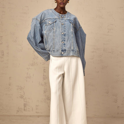 Concetta Blue Denim Jacket 100% Cotton Collarless Buttoned Cuffs Chest Pockets Side Slit Pockets