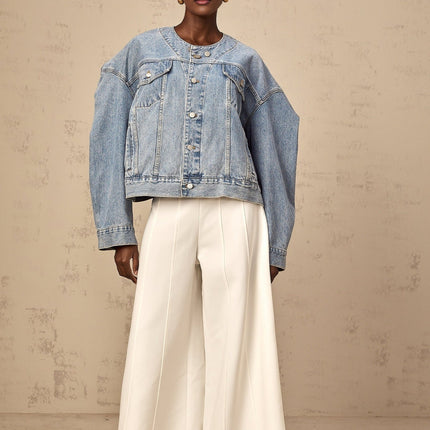 Concetta Blue Denim Jacket Cotton Collarless Buttoned Cuffs Flap Pockets Slit Pockets