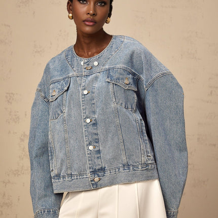 Concetta Blue Denim Jacket 100 Percent Cotton Collarless Buttoned Cuffs Flap Pockets Slit Pockets