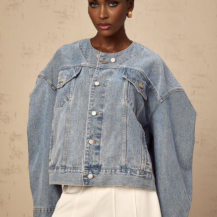 Concetta Blue Denim Jacket 100% Cotton Collarless Buttoned Cuffs Flap Pockets Slit Pockets
