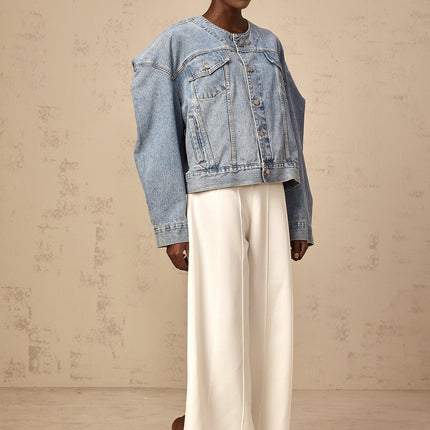 Concetta Blue Denim Jacket 100% Cotton Collarless Buttoned Cuffs Flap Pockets Slit Pockets