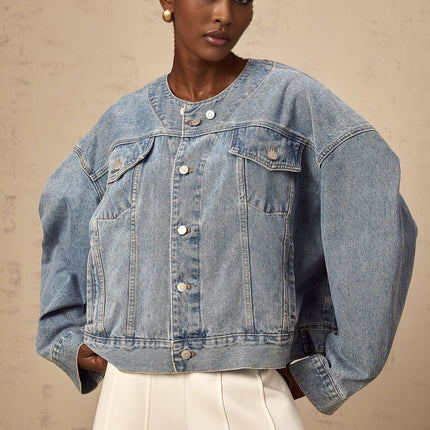 Concetta Blue Denim Jacket Cotton Collarless Buttoned Cuffs Chest Pockets Side Slit Pockets