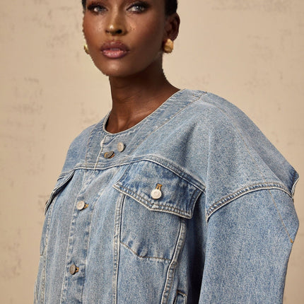 Concetta Blue Denim Jacket 100% Cotton Collarless Buttoned Cuffs Chest Pockets Side Slit Pockets