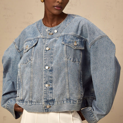 Concetta Blue Denim Jacket 100% Cotton Collarless Buttoned Cuffs Pockets