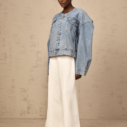 Concetta Blue Denim Jacket Cotton Collarless Buttoned Cuffs Pockets
