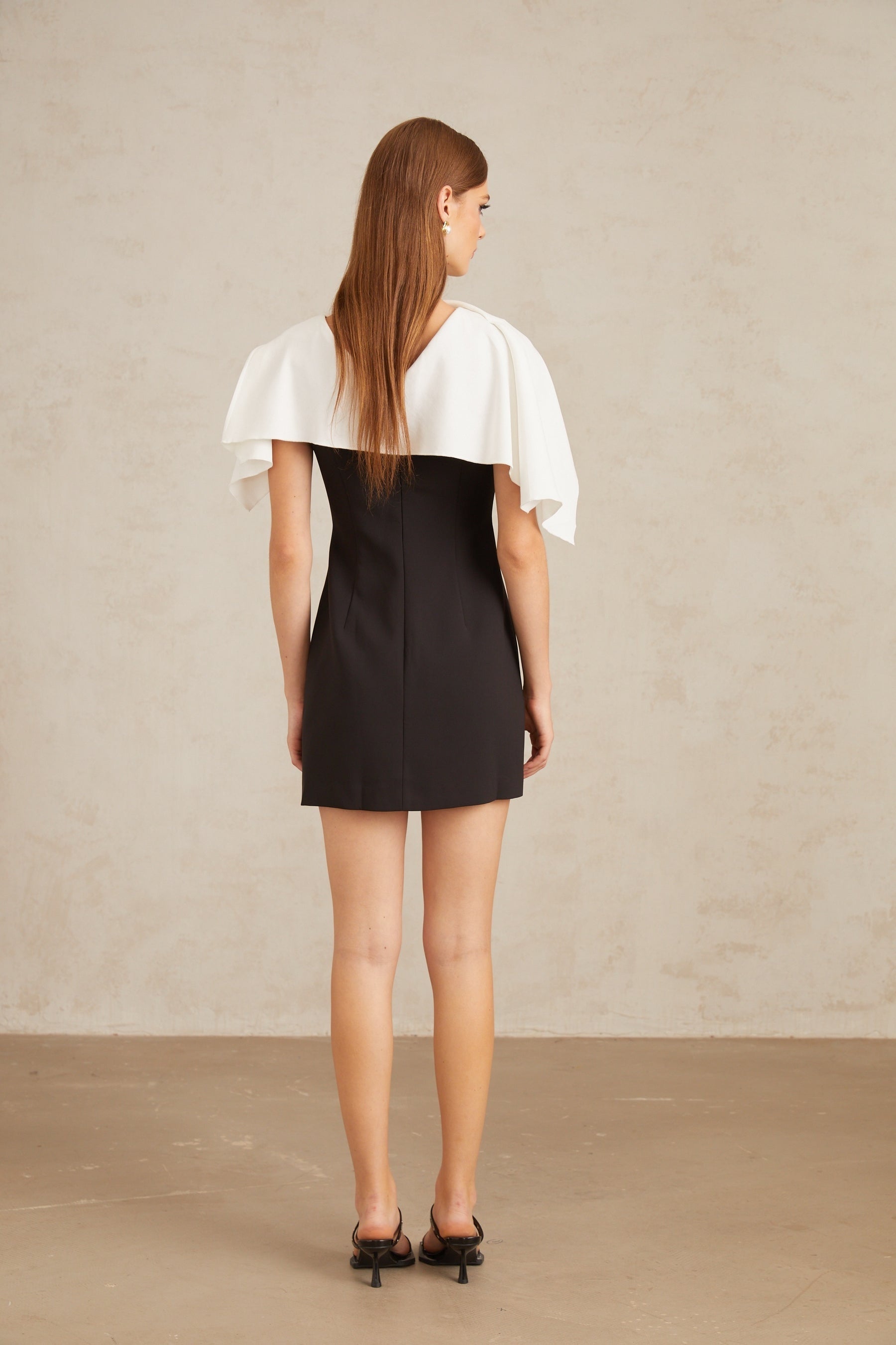 Constance Black ALine Mini Dress with Cape Detail