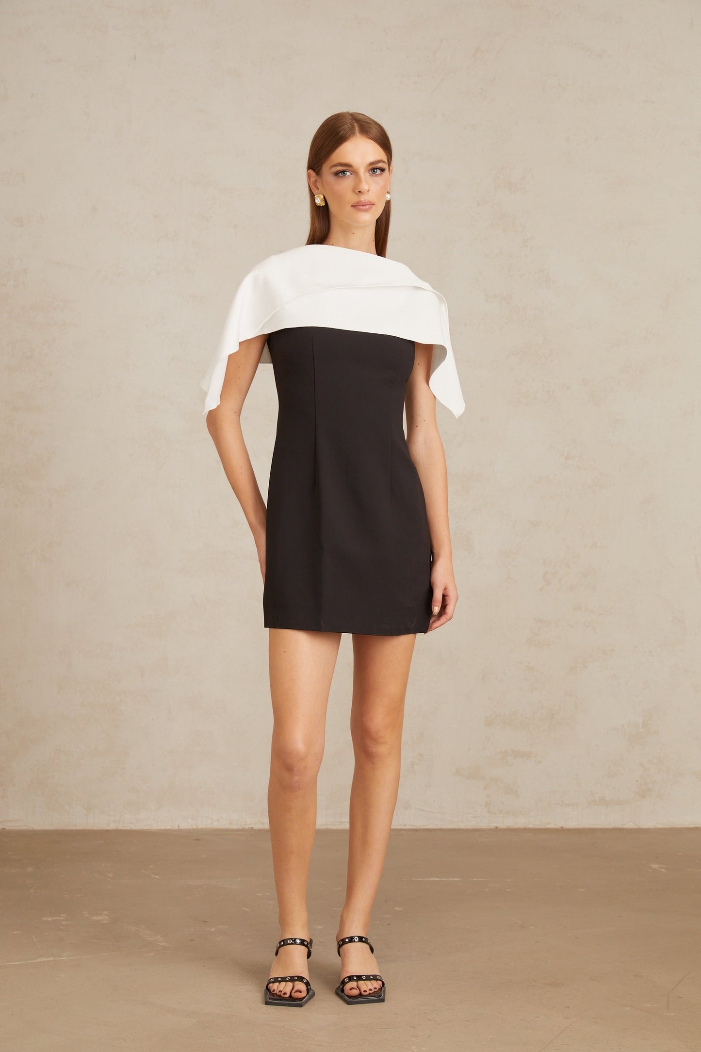 Constance Black ALine Mini Dress with Cape Detail