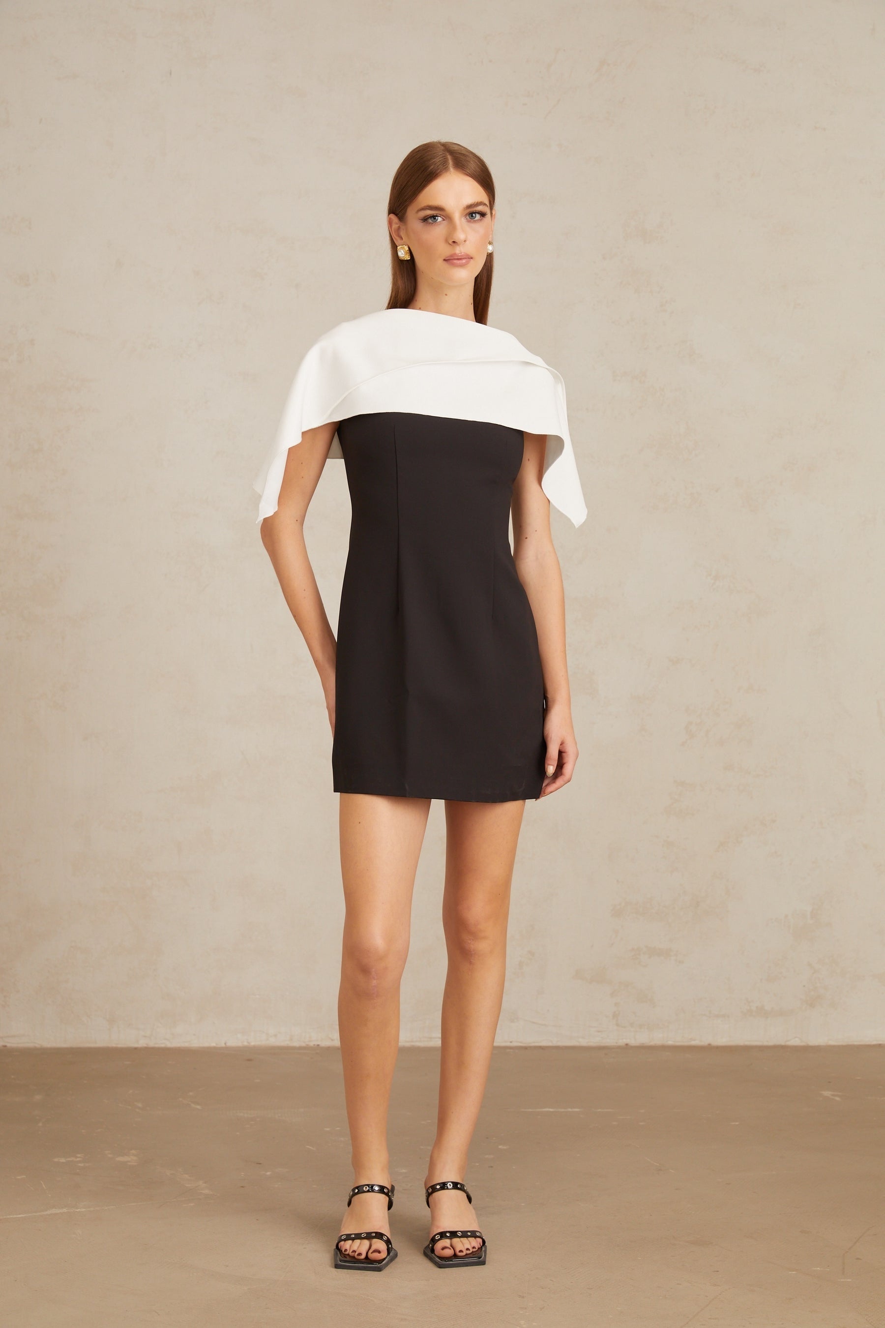 Constance Black ALine Mini Dress with Cape Detail