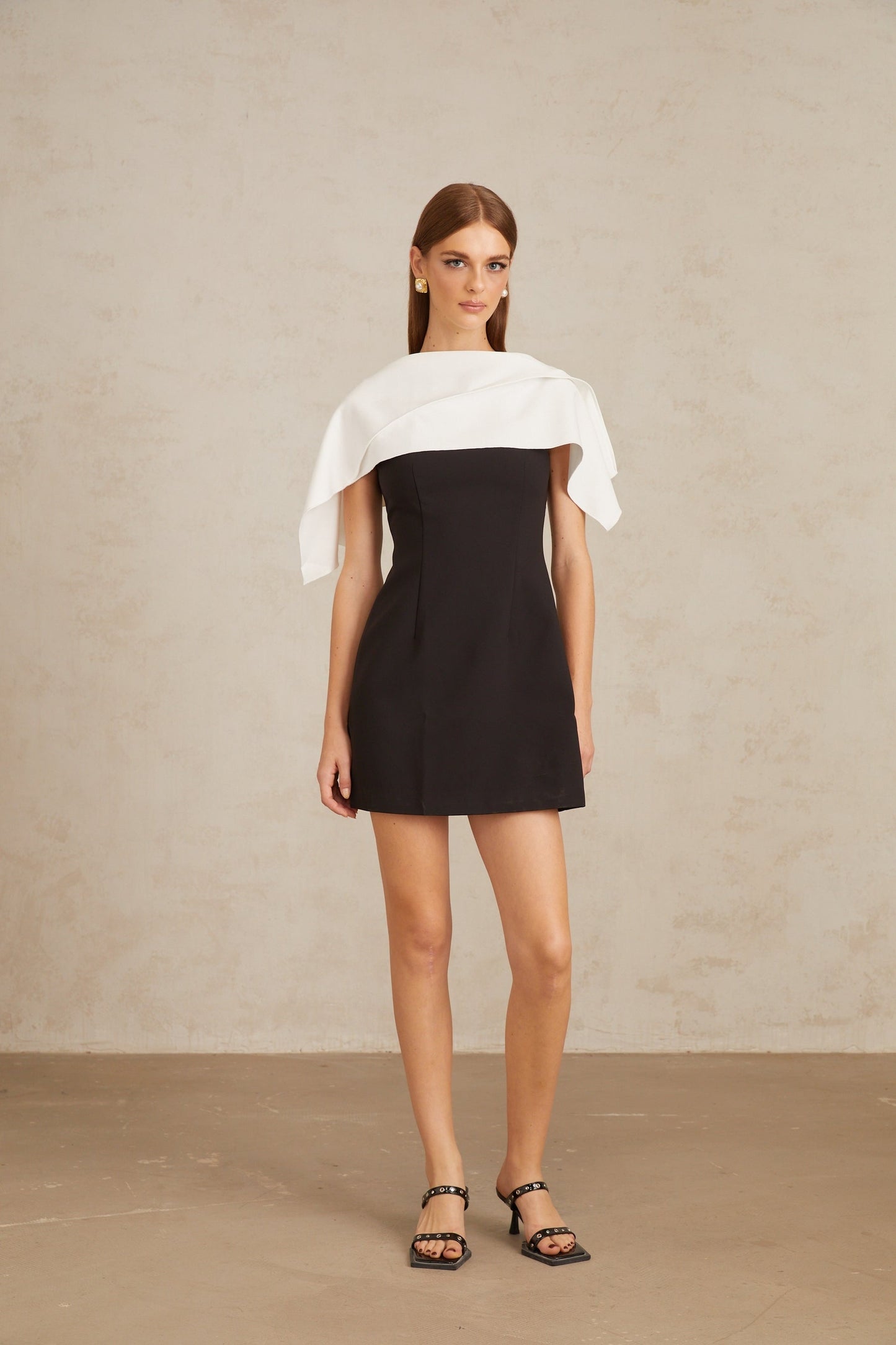 Constance Black ALine Mini Dress with Cape Detail