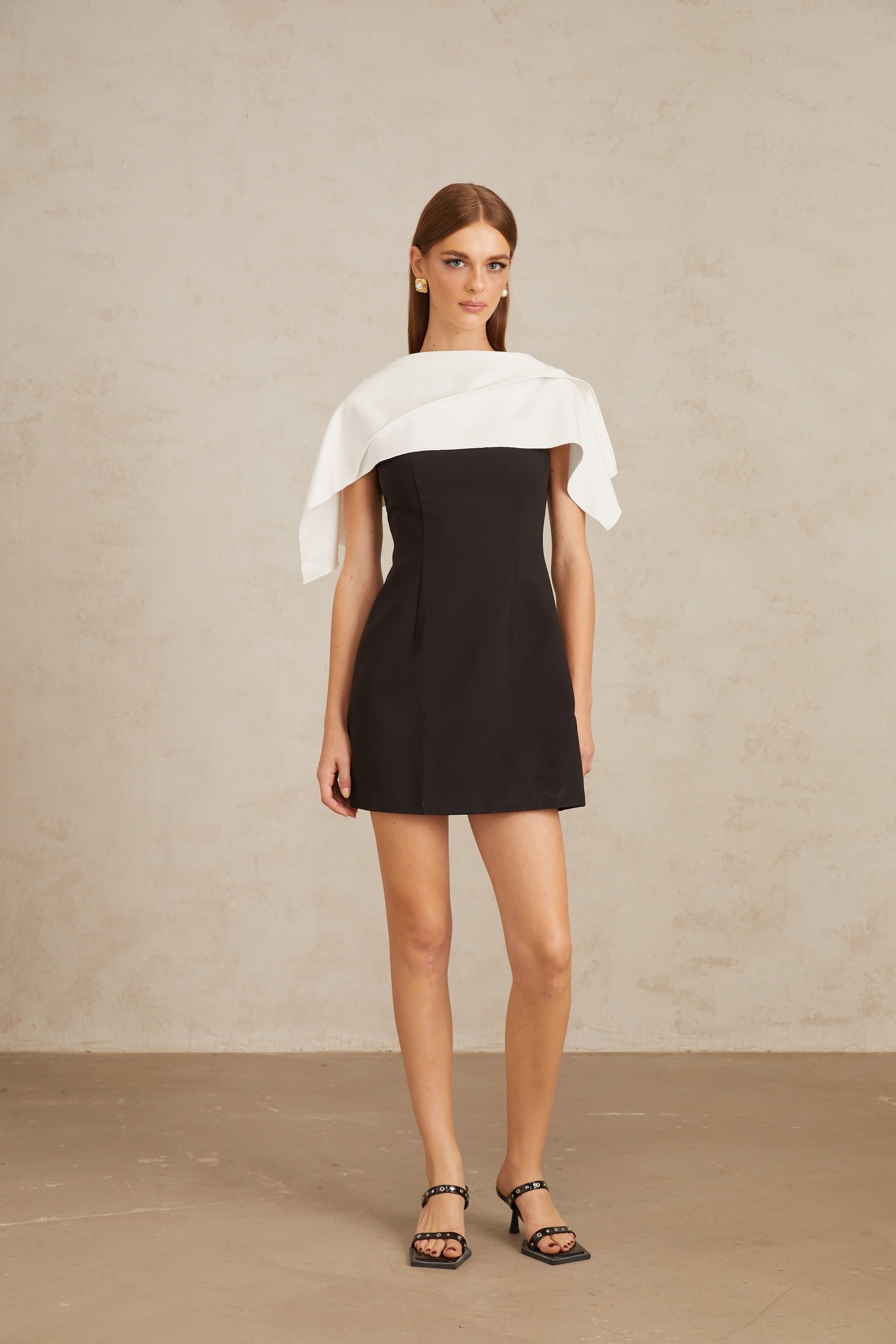 Constance Black ALine Mini Dress with Cape Detail