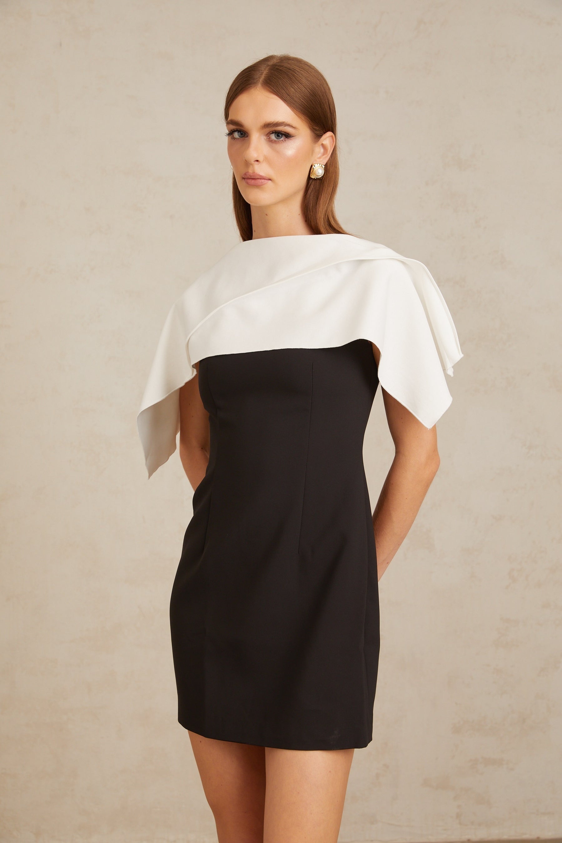 Constance Black ALine Mini Dress with Cape Detail