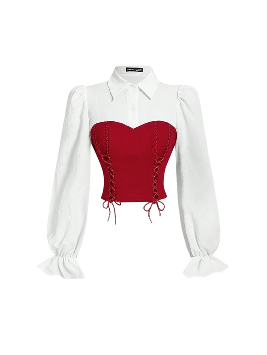 Contrast Color Cup Detail Long Sleeve Crop Top Blouse For Women With Waist Tied Belt