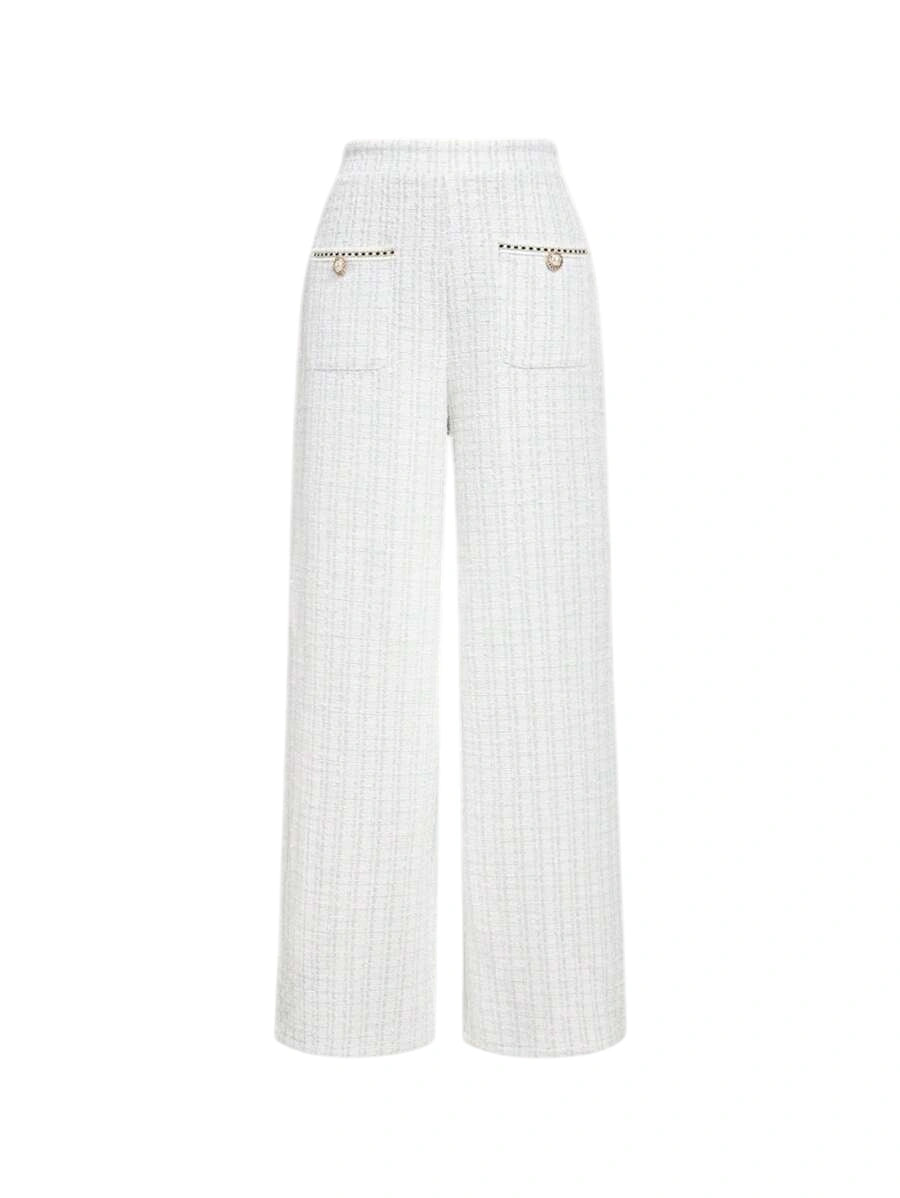 Contrast Color Tape Trim Button White Casual Pants Daily WearOld Money StyleBusiness Casual