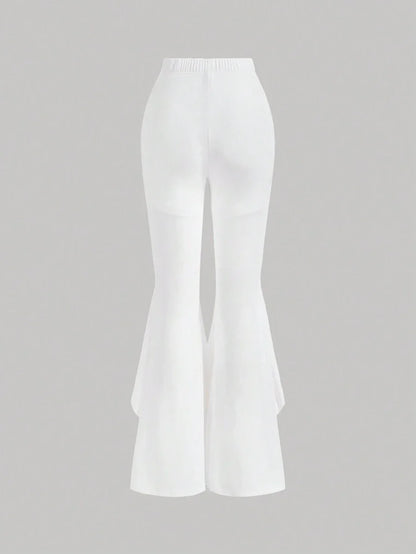 Contrast Lace Ruffle Trim Flare Leg Pants