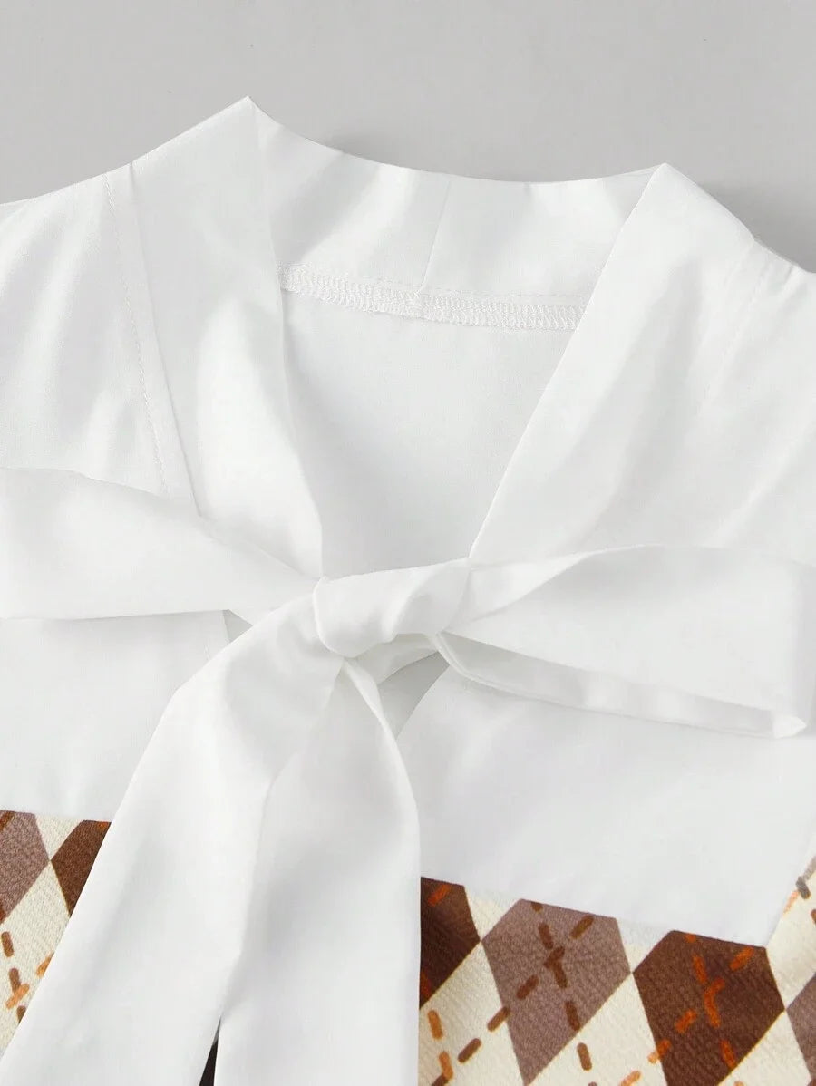 Contrast Patchwork Crop Top Tie Front Vintage Shirt Back To School Clothing Fall Shirt Birthday Clothing